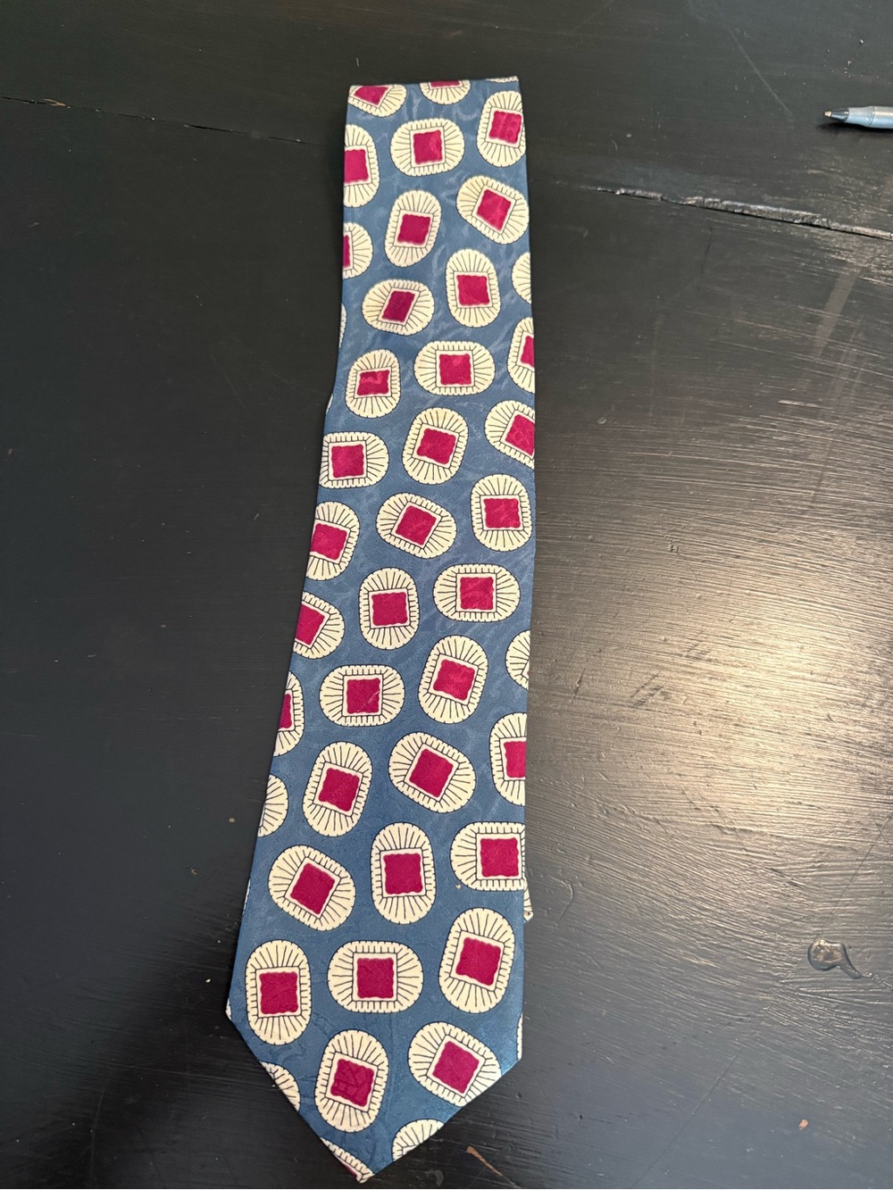 Burberry Blue Silk Tie with Pink and Cream Geometric Motif